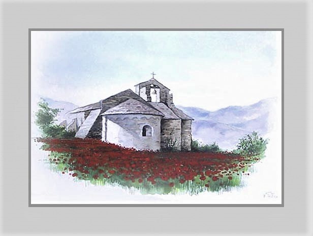 Romaanse kapel met klaprozen - Italie